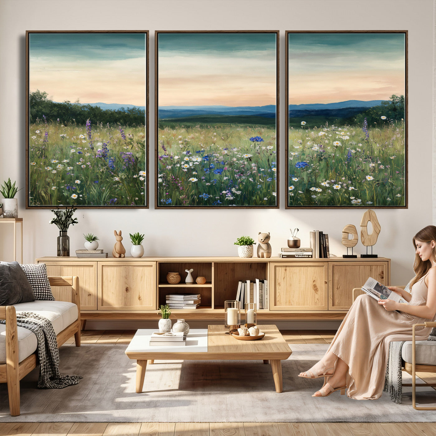 35773805-MGV-CV-36X24 - Wildflower Meadow Oil Painting Canvas Print - Daisy Lavender Mountain Sunset Print | Cottagecore Floral Wall Art - Bedroom Decor Gift for Her