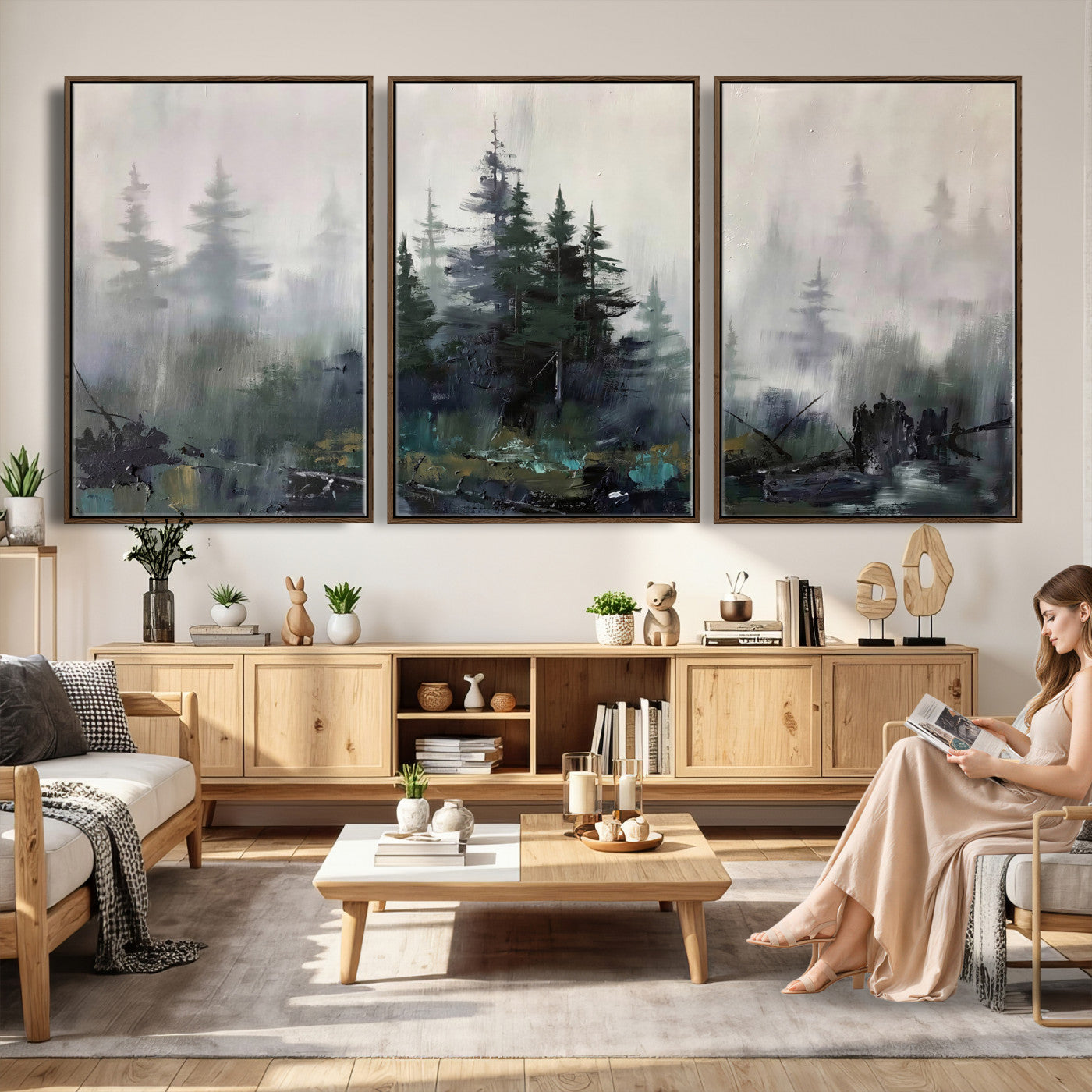 94143325-MGV-CV-36X24 - Misty Pine Forest Oil Painting Canvas — Dark Moody Teal Grey Tree Print | Japandi Scandinavian Wall Art | Minimalist Nature Decor Gift