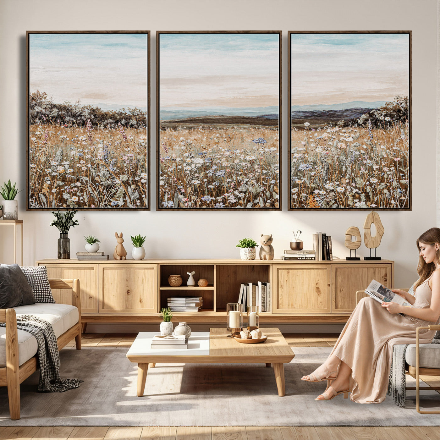 F35773805-MGV-CV-36X24 - Neutral Wildflower Field Canvas Wall Art — Beige Earth Tone Botanical Meadow Print | Farmhouse Boho Decor | Bedroom Living Room Gift Her