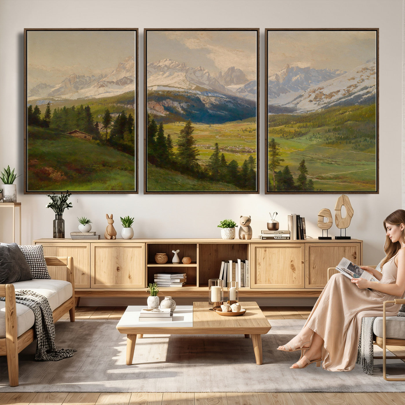 23120262-MGV-CV-36X24 - Konrad Petrides Sexten Village Canvas Print, Alpine Mountain Valley Painting, Dolomites Landscape Art