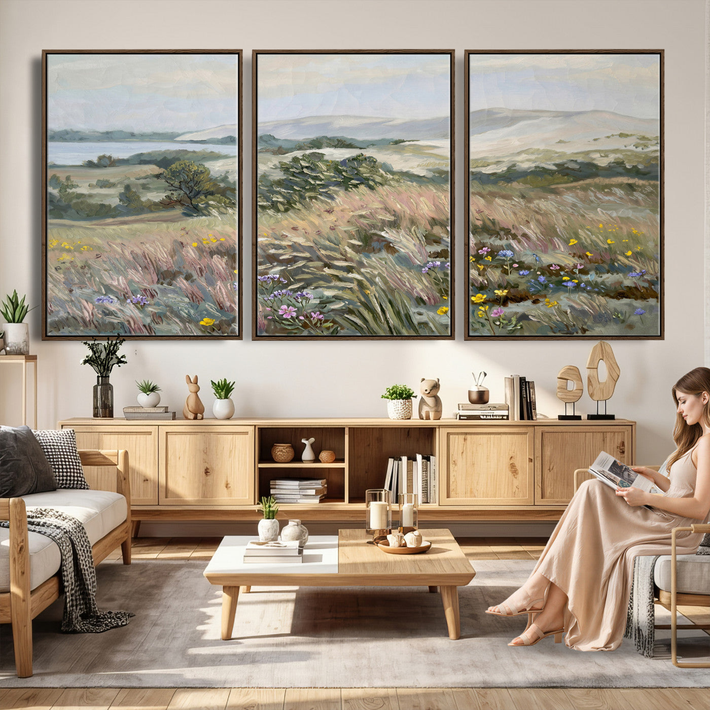 18013232-MGV-CV-36X24 - Katie Staples Hillside Canvas Wall Art — Coastal Wildflower Dune Oil Painting Print | Muted Green Nature Decor | Plein Air Landscape Gift