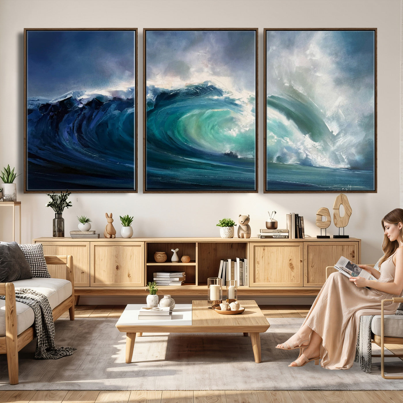 80752160-MGV-CV-60X30-3P - Ocean Wave Canvas Wall Art, Dramatic Teal Blue Seascape Oil Painting Print, Stormy Sea Coastal Decor, Large Beach House Art, Surf Wave Statement Art