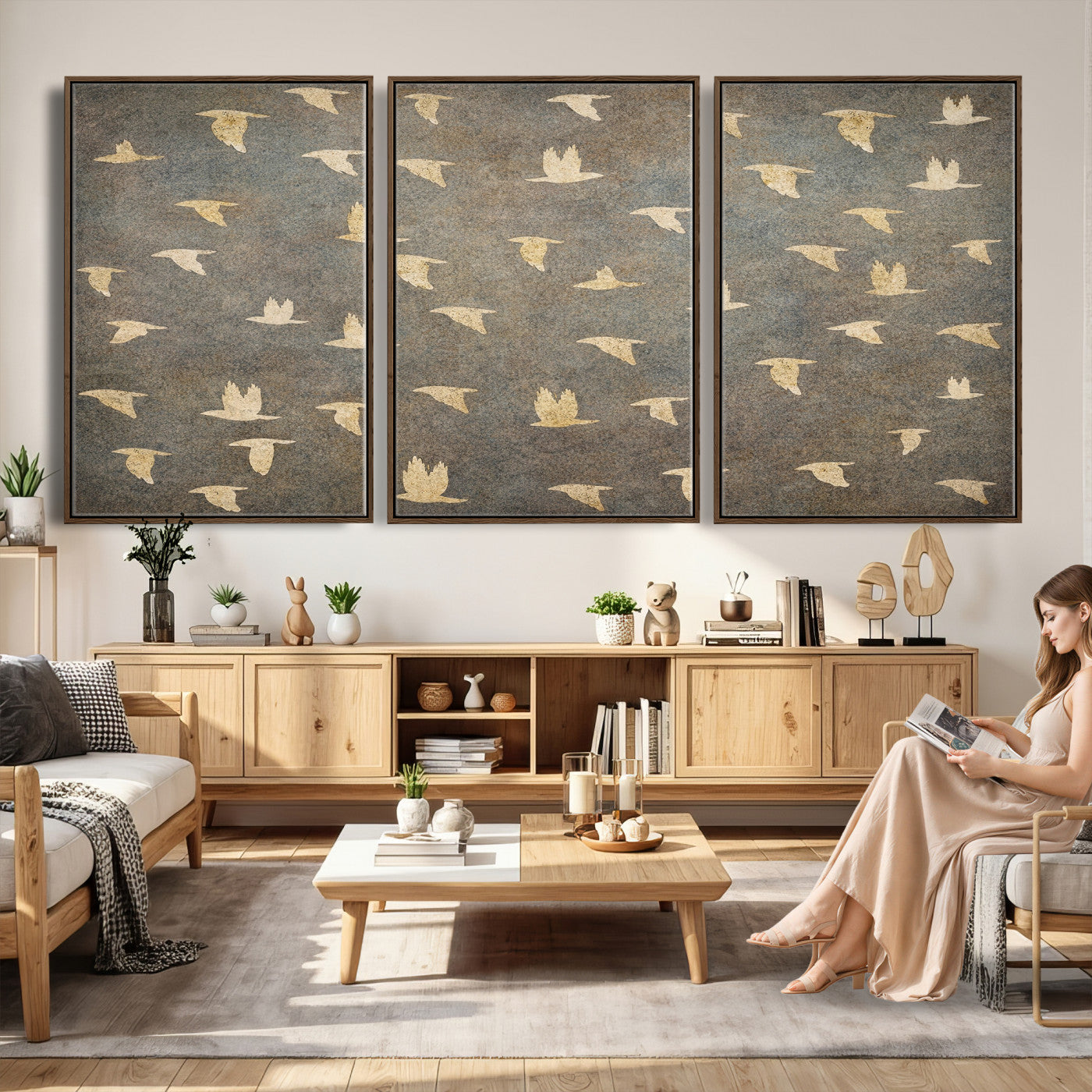 74076164-MGV-CV-36X24 - Flying Birds Canvas Wall Art, Vintage Bird Flock Pattern Print, Grey Gold Abstract Nature Decor, Rustic Bird Silhouette Art, Boho Living Room Decor