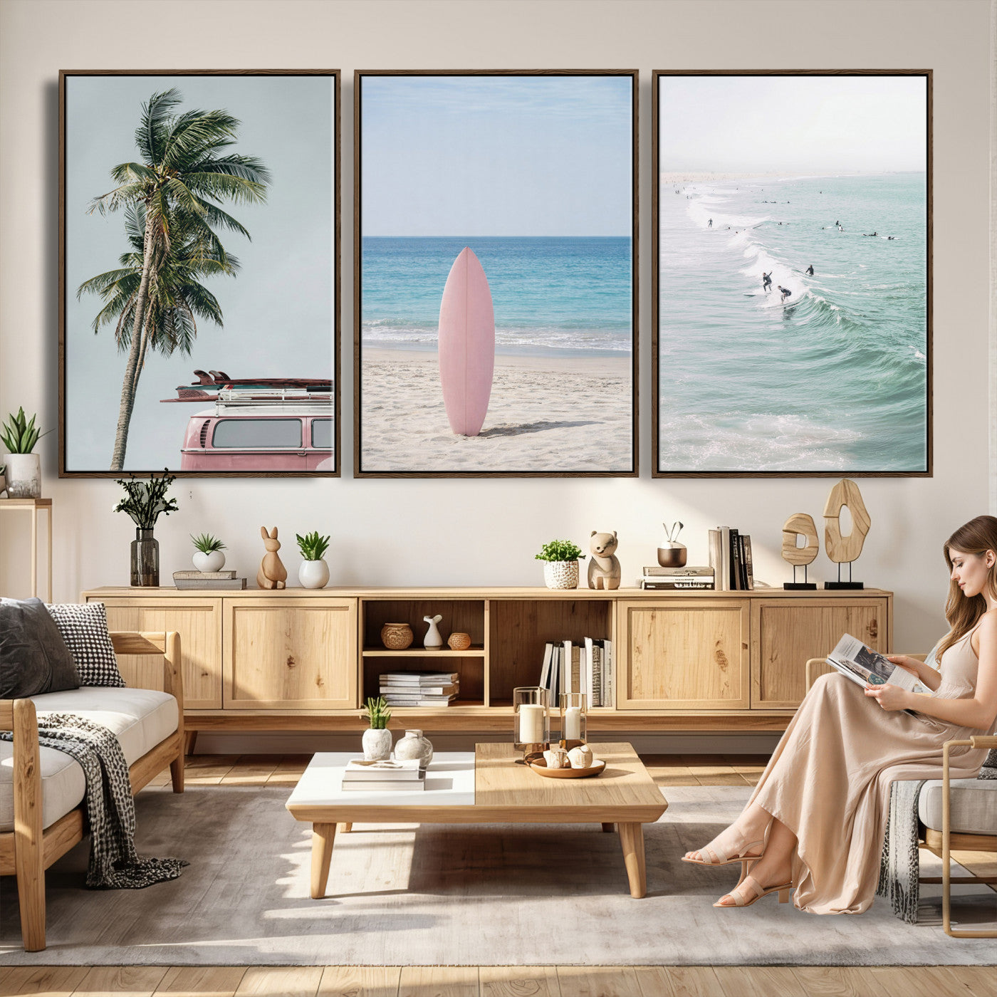 39028765-MGV-CV-60X30-3P - Surf Canvas Wall Art Set, Pink Surfboard VW Van Palm Tree Triptych, Beach House Coastal Decor, Pastel Ocean Photography Print, Boho Surf Decor