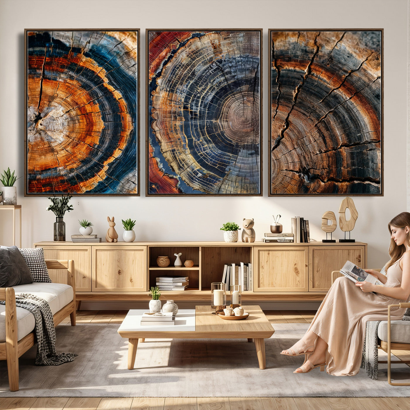 53873594-MGV-CV-60X30-3P - Tree Ring Canvas Wall Art, Wood Cross Section Triptych Print, Rustic Nature Abstract Decor, Earthy Boho Wall Art, Modern Farmhouse Living Room