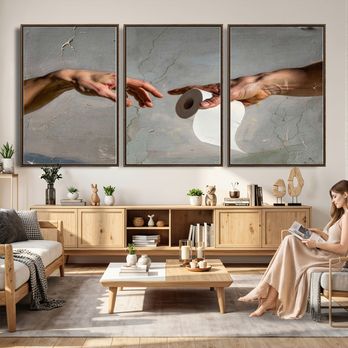 72030048-MGV-CV-36X24 - Funny Bathroom Wall Art Canvas, Creation of Toilet Paper Parody Print, Renaissance Humor Decor, Toilet Room Art, Quirky Housewarming Gift, Classic Art Spoof