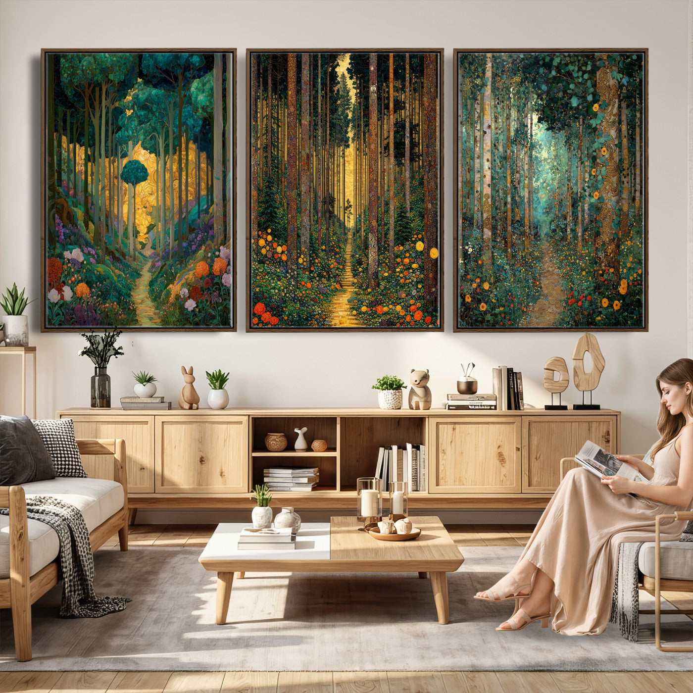 79483321-MGV-CV-60X30-3P - Gustav Klimt Style Forest Canvas Wall Art, Golden Forest Path Floral Art Nouveau Print, Enchanted Woodland Decor, Maximalist Colorful Nature Art
