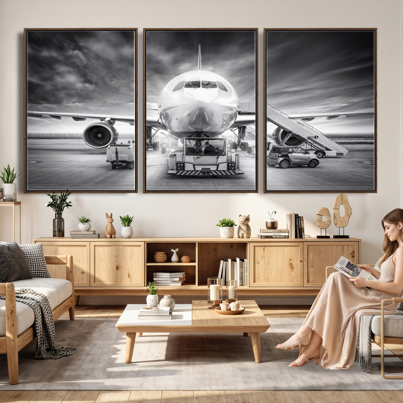 85885848-MGV-CV-36X24 - Airplane Wall Art Canvas Print, Black and White Jet Aircraft Airport Runway Framed Aviation Artwork for Pilot Office Hangar Travel Decor