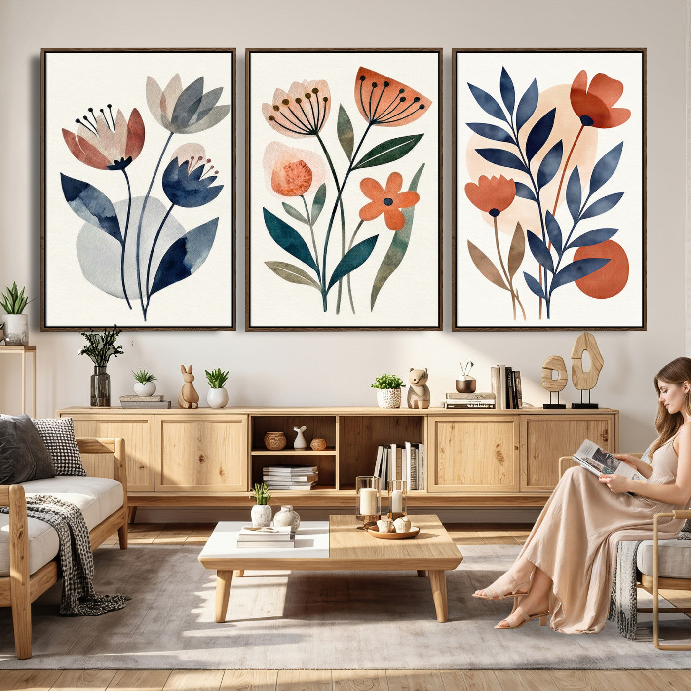 64426285-MGV-CV-60X30-3P - Watercolor Botanical Canvas Wall Art Set, Navy Terracotta Floral Triptych Print, Minimalist Flower Decor, Boho Living Room Art, Scandinavian Nature Print