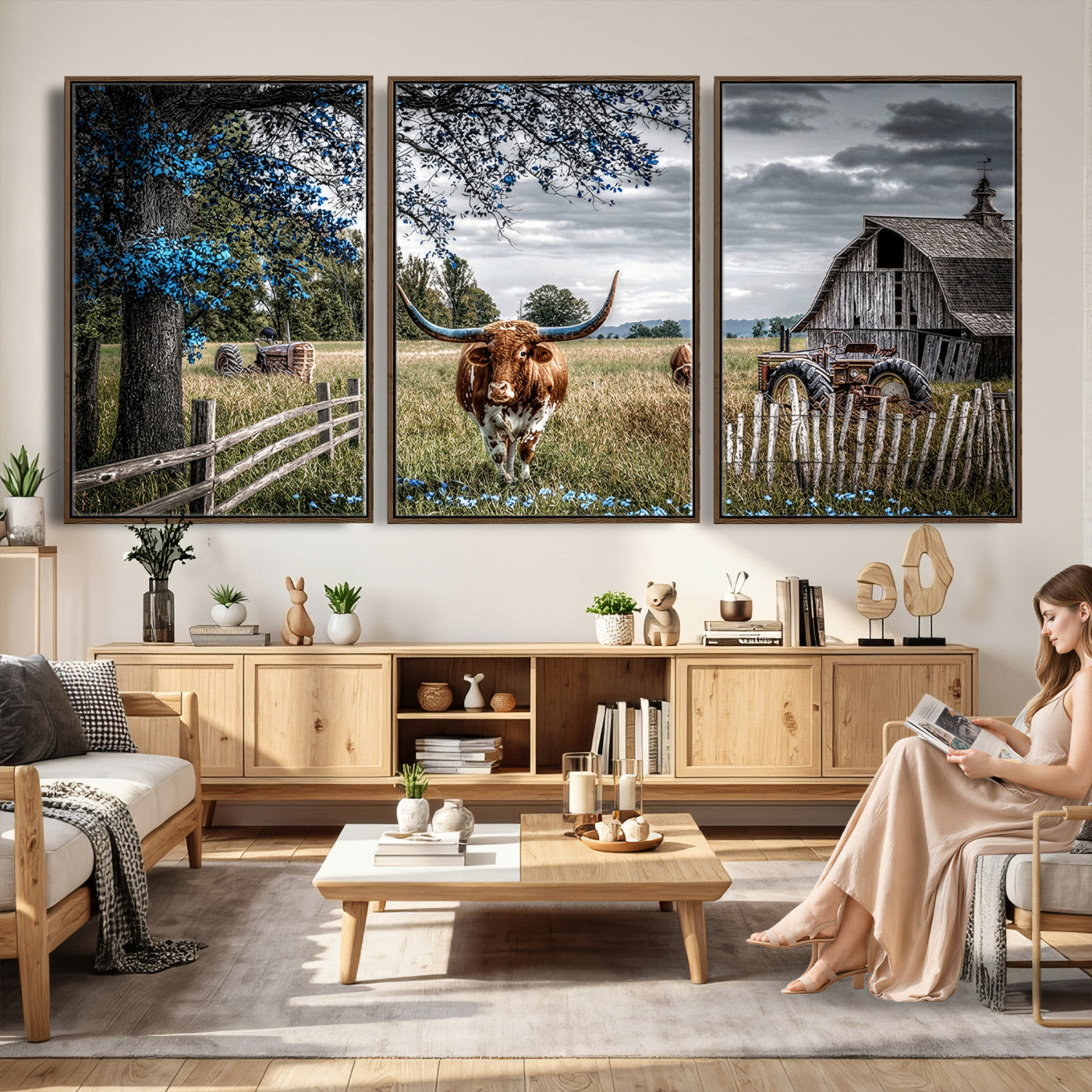 40526446-MGV-CV-60X30-3P - Texas Longhorn Canvas Wall Art, Rustic Farm Barn Bluebonnet Photography Print, Farmhouse Country Decor, Western Ranch Art, Old Truck Tractor Print