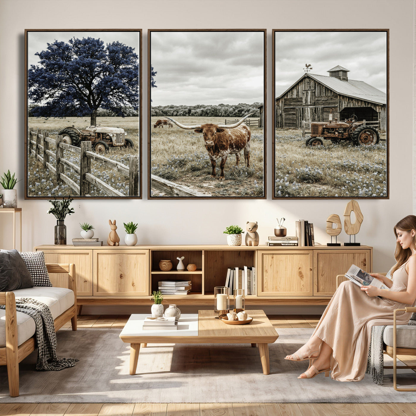 34049737-MGV-CV-60X30-3P - Texas Longhorn Canvas Wall Art, Rustic Farm Barn Bluebonnet Photography Print, Farmhouse Country Decor, Western Ranch Art, Old Truck Tractor Print