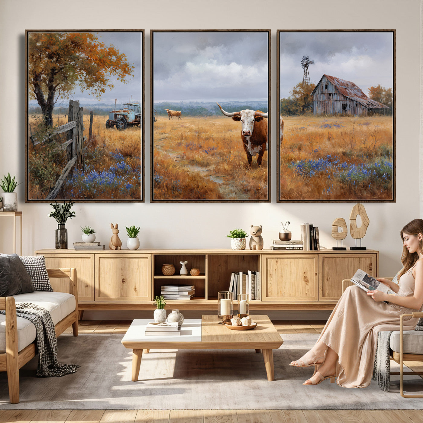 25324907-MGV-CV-60X30-3P - Texas Longhorn Canvas Wall Art, Rustic Farm Barn Bluebonnet Photography Print, Farmhouse Country Decor, Western Ranch Art, Old Truck Tractor Print