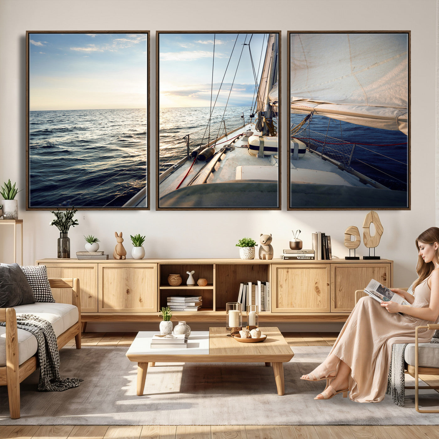 76381335-MGV-CV-36X24 - Sailboat Wall Art Canvas Print, Ocean Sunset Sailing Framed Artwork, Coastal Nautical Seascape Decor for Living Room Office Beach House
