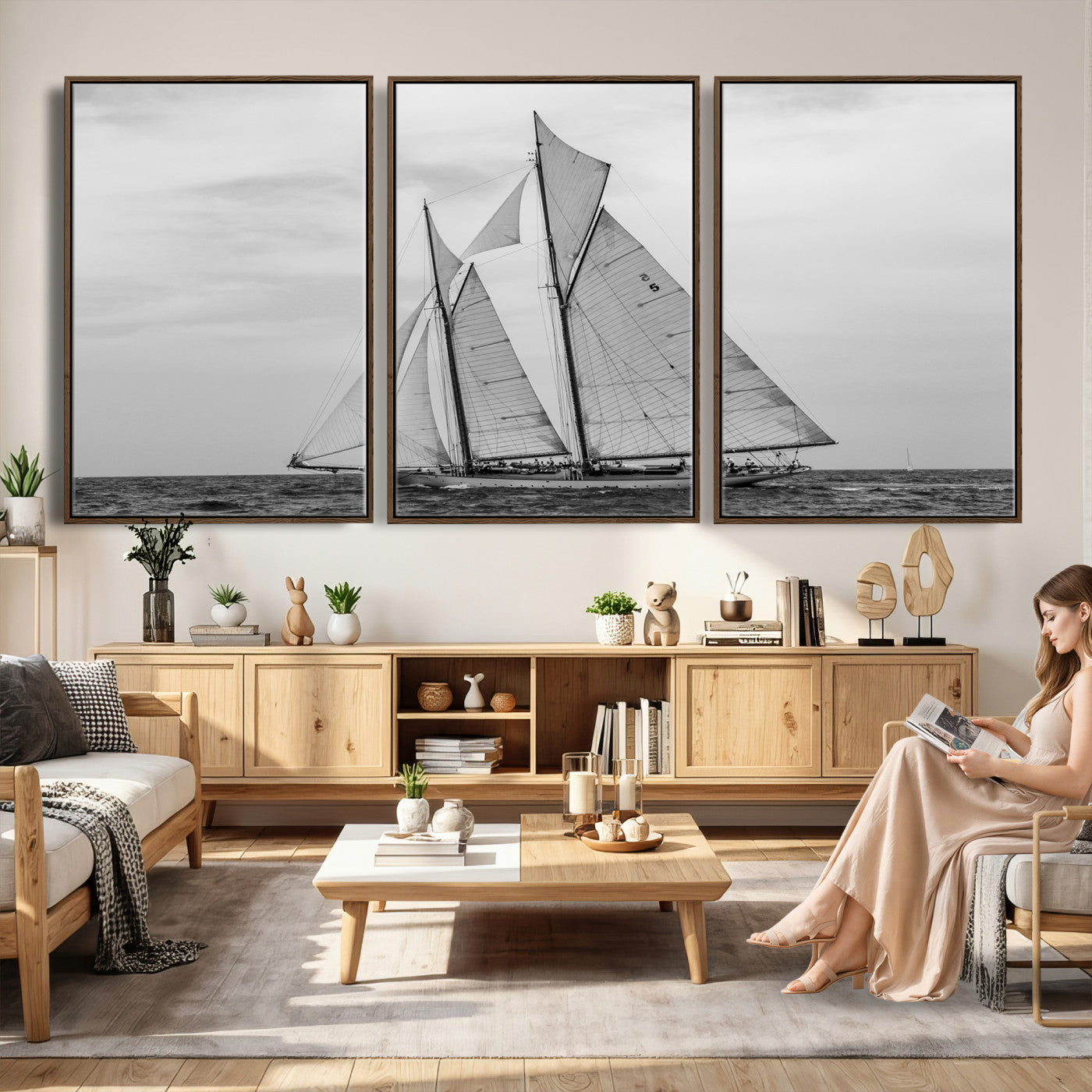 52882918-MGV-CV-36X24 - Vintage Sailboat Wall Art Canvas Print, Black and White Schooner Framed Artwork, Nautical Ocean Sailing Decor for Living Room Office Beach House