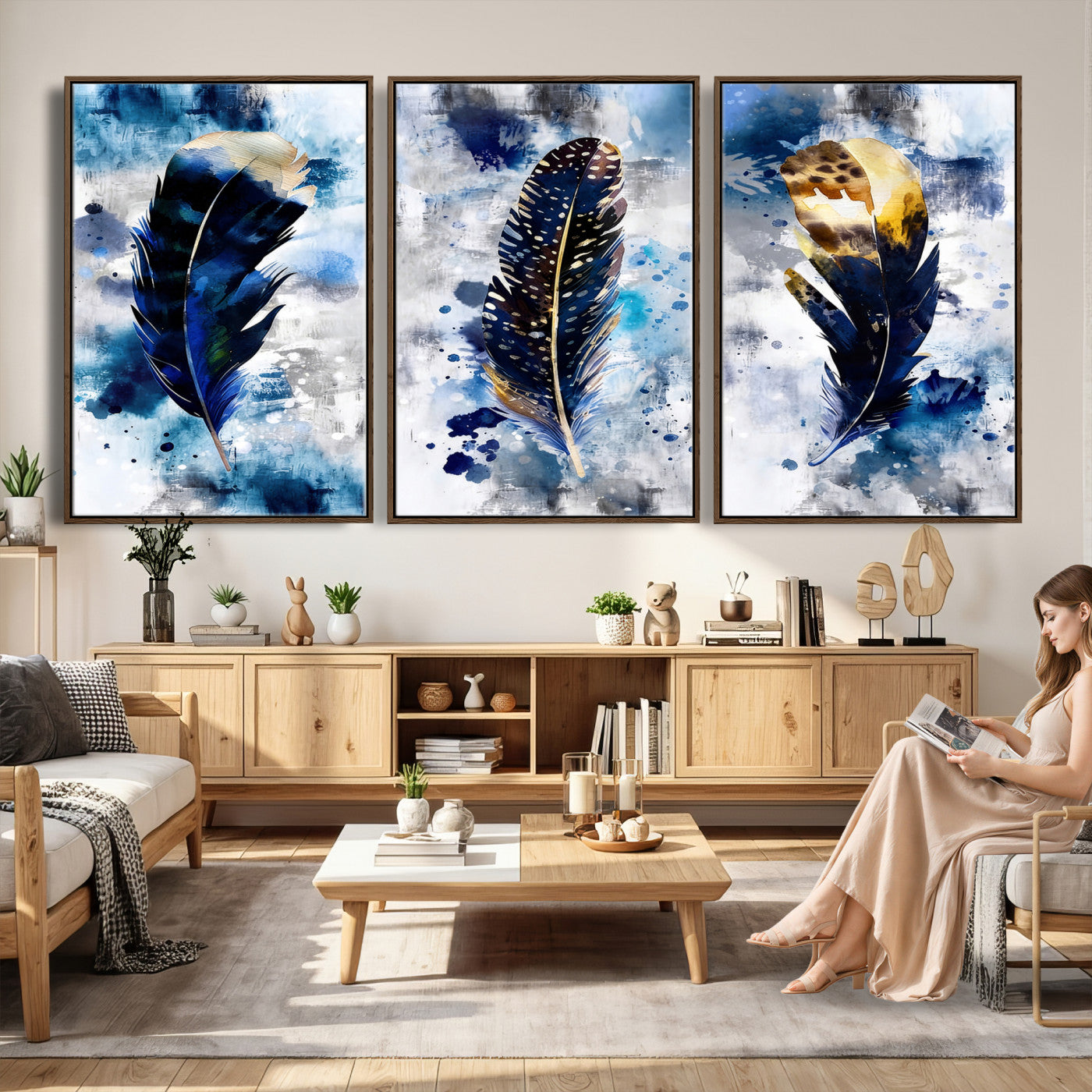 74325132F-MGV-CV-60X30-3P - Feather Canvas Wall Art Navy Blue Gold Watercolor Abstract Boho Eclectic Framed Large for Living Room Bedroom Office Entryway Decor