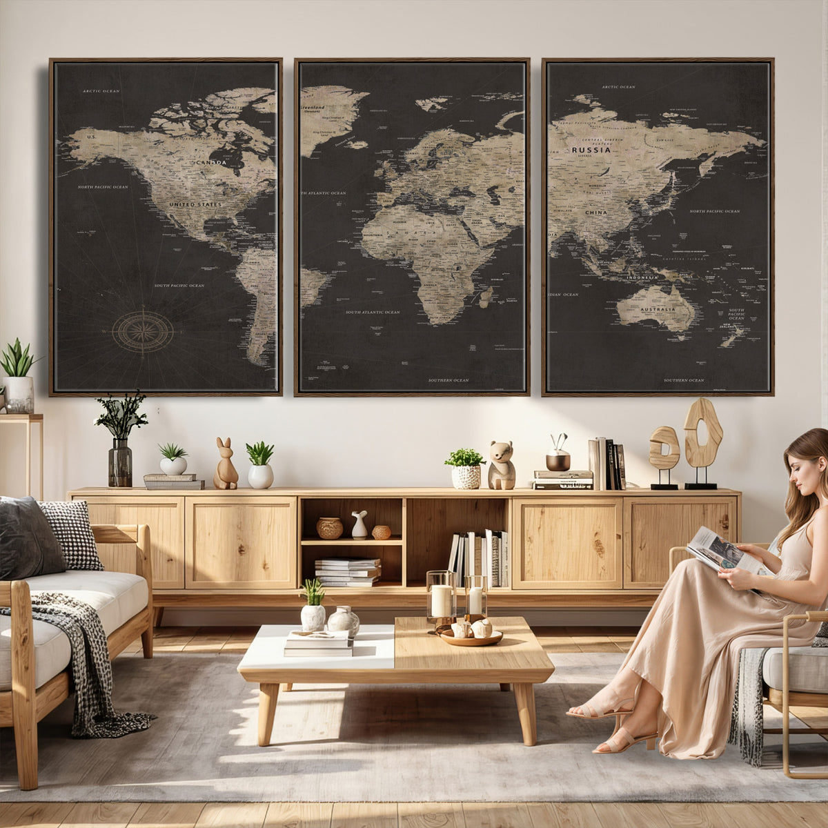 56556018136-MGV-CV-36X24 - World Map Canvas Wall Art, Dark Charcoal and Antique Tan Detailed Map