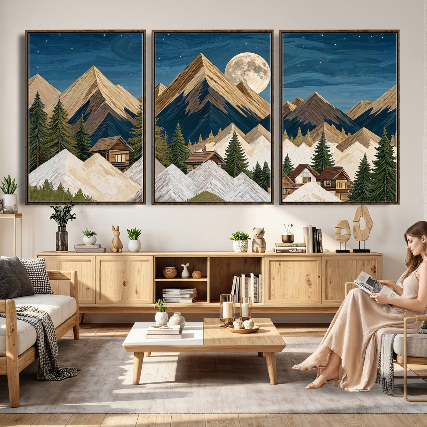 17622011MO-MGV-CV-60X30-3P - Moonlit Mountain Cabin Wall Art Canvas Print, Rustic Mountain Landscape Canvas Print, Woodland Cabin Wall Decor, Framed Nature Artwork Ready to Hang