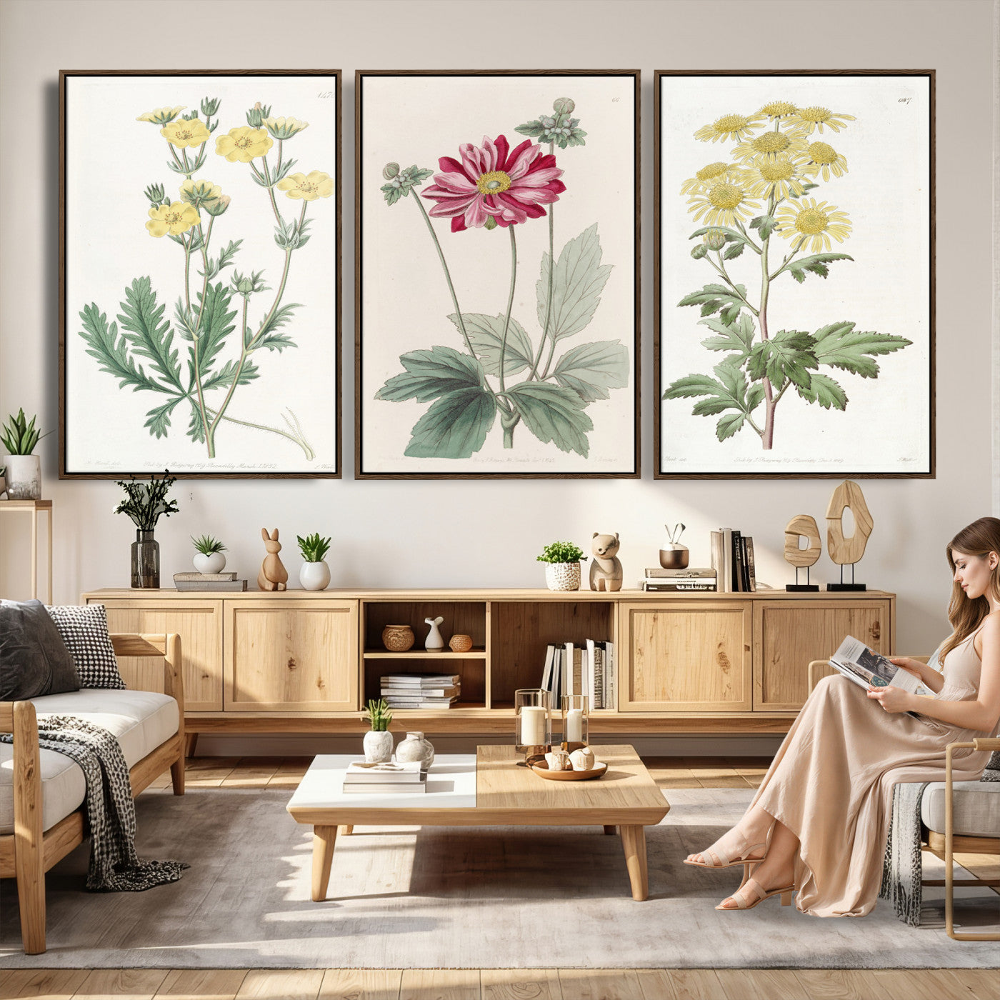 17622011MF-MGV-CV-60X30-3P - Antique Botanical Canvas Wall Art, Victorian Flower Illustration Triptych Print, Cottagecore Vintage Botanical Decor
