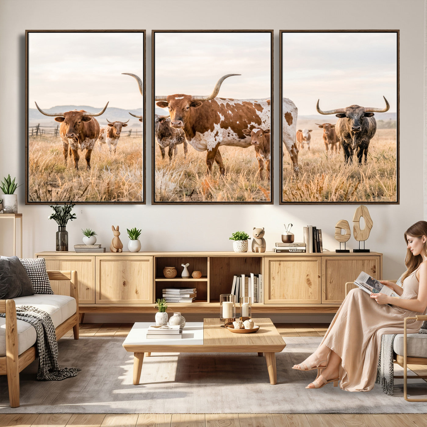 62336425AC-MGV-CV-36X24 - Texas Longhorn Canvas Wall Art, Rustic Farm Animal Photography Print, Farmhouse Country Decor, Western Ranch Art