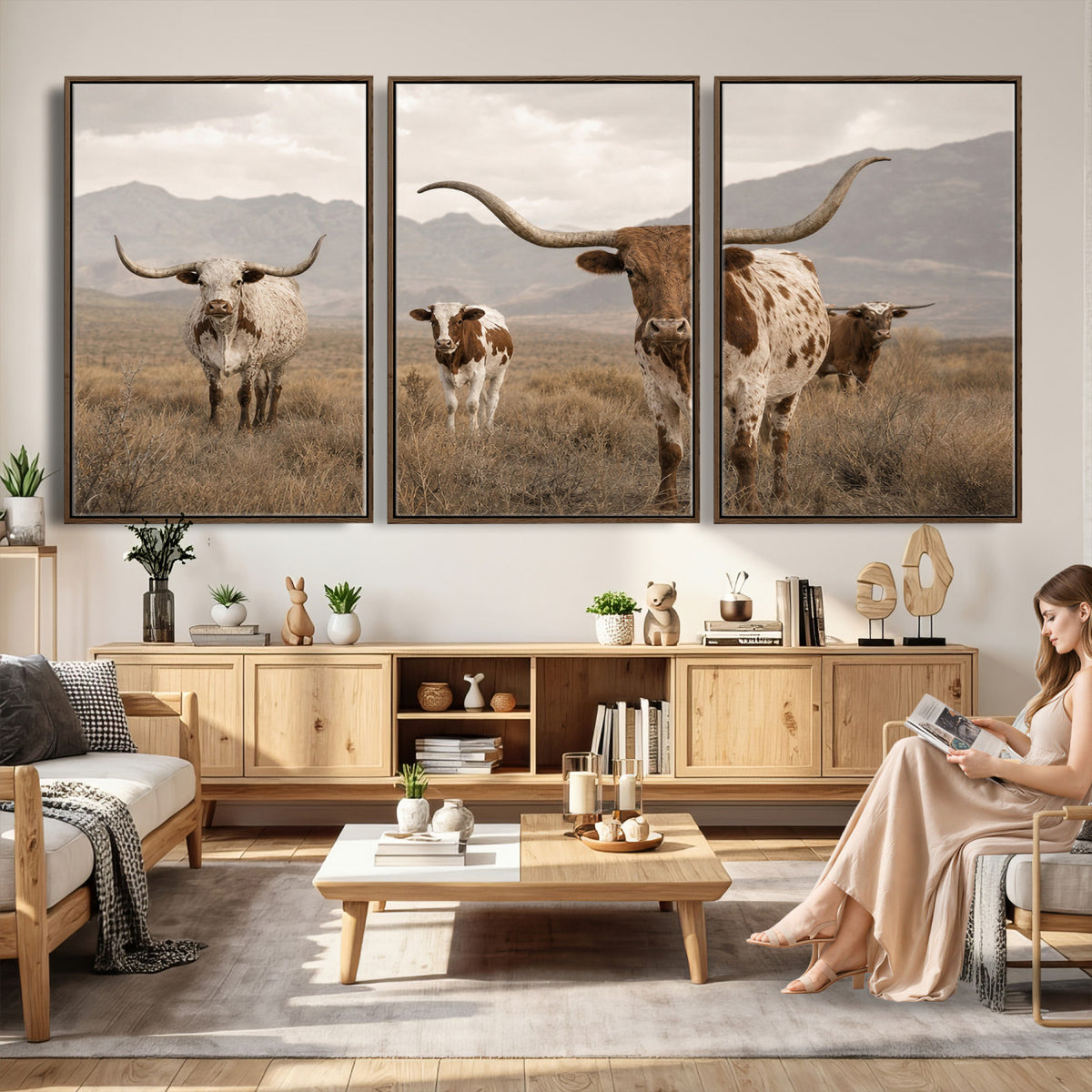 62336425AD-MGV-CV-36X24 - Rustic Texas Longhorn Cow Canvas Wall Art Print, Rustic Farm Animal Photography Print, Farmhouse Country Decor, Western Ranch Art