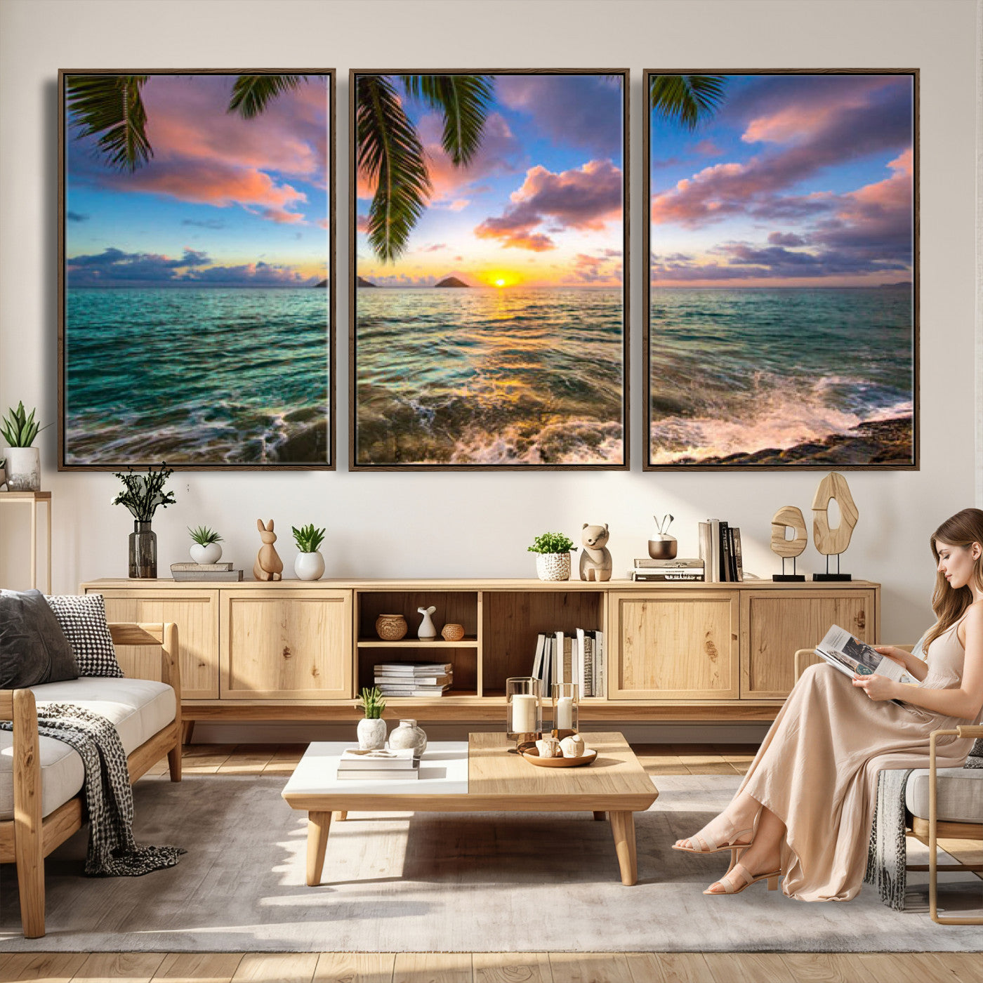 13207742-MGV-CV-36X24 - Hawaii Beach Sunset Canvas Wall Art Print, Tropical Ocean Landscape Artwork, Palm Tree Coastal Decor for Living Room Bedroom