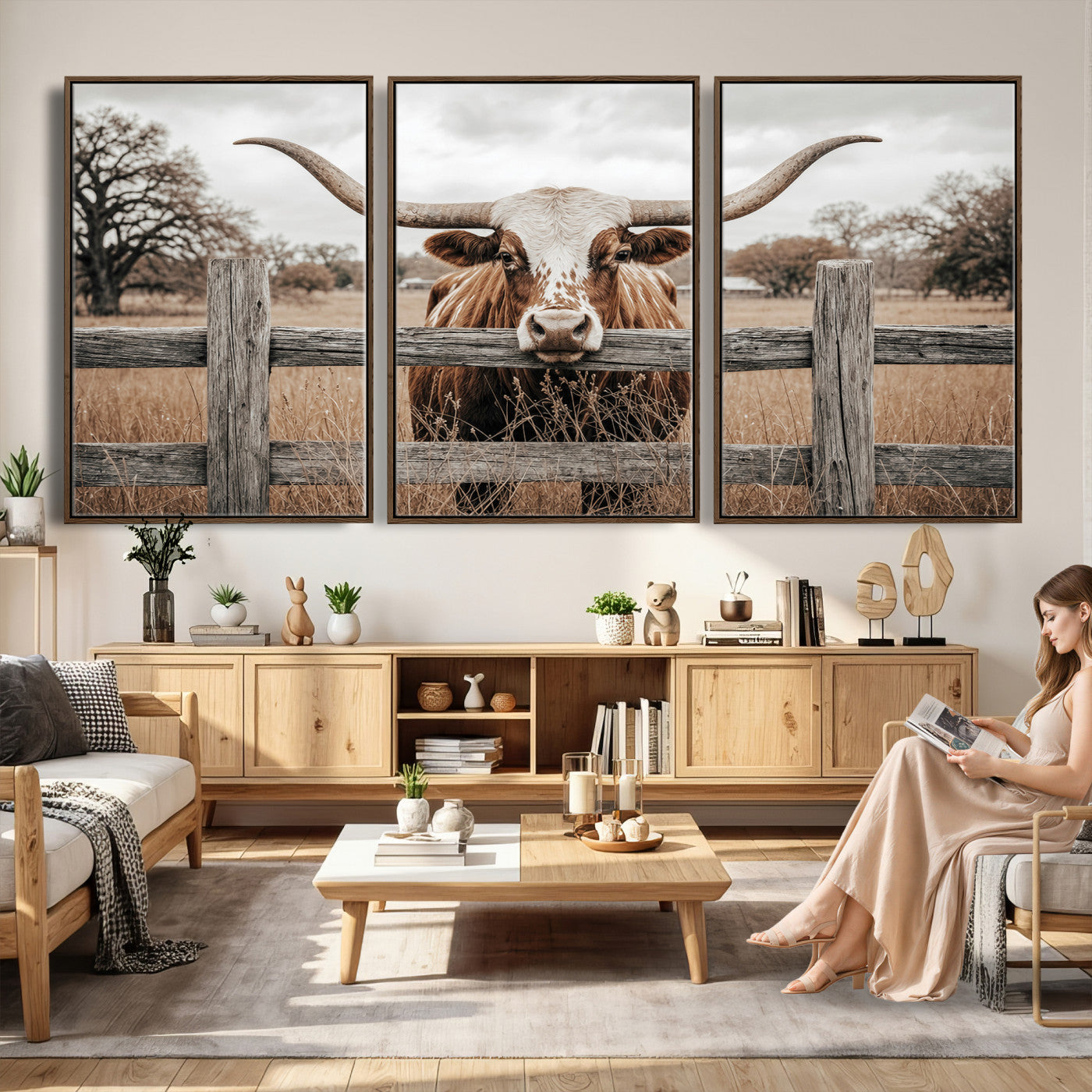 59378683N-MGV-CV-60X30-3P - Farmhouse Texas Longhorn Bull Canvas Wall Art, Western Ranch Cattle Photography Print, Rustic Barn Cowboy Decor Artwork