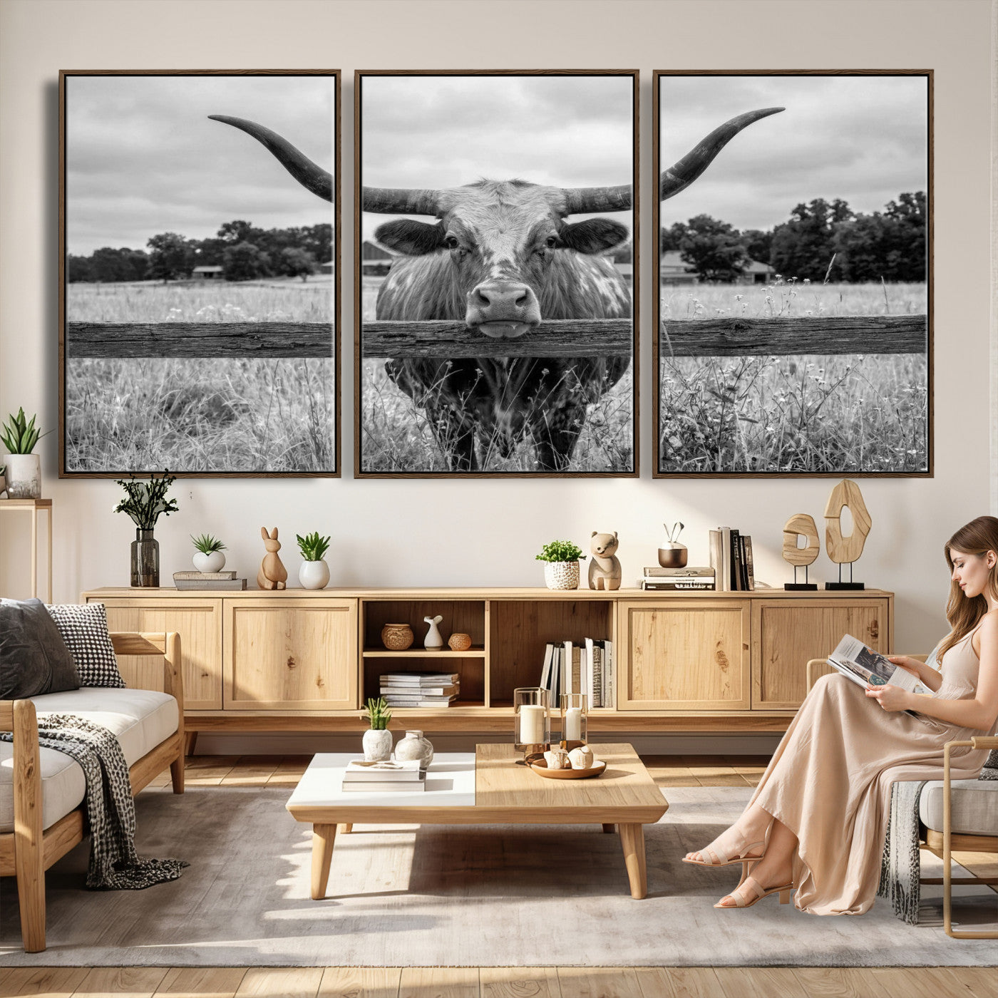 59378683-MGV-CV-60X30-3P - Black White Texas Longhorn Bull Canvas Wall Art, Western Ranch Cattle Photography Print, Rustic Farmhouse Cowboy Decor Artwork