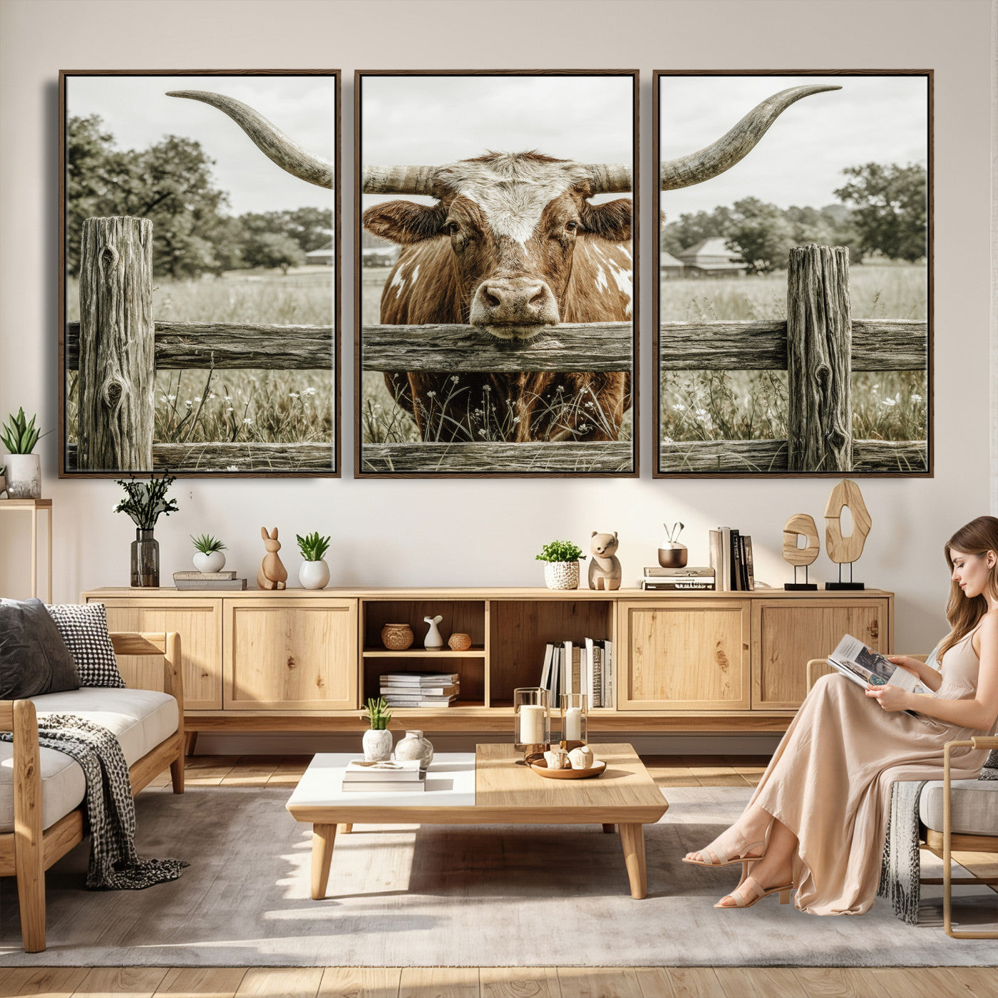 59378683M-MGV-CV-60X30-3P - Large Farmhouse Texas Longhorn Bull Canvas Wall Art, Western Ranch Cattle Photography Print, Rustic Barn Cowboy Decor Artwork