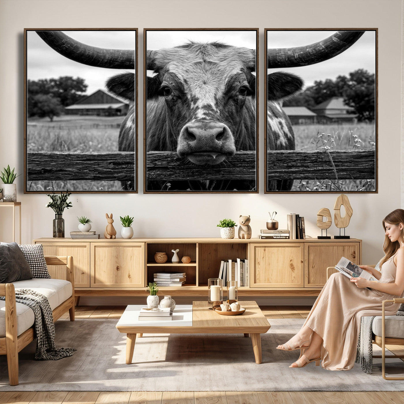 59378683B-MGV-CV-36X24 - Black White Texas Longhorn Bull Canvas Wall Art, Western Ranch Cattle Photography Print, Rustic Farmhouse Cowboy Decor Artwork