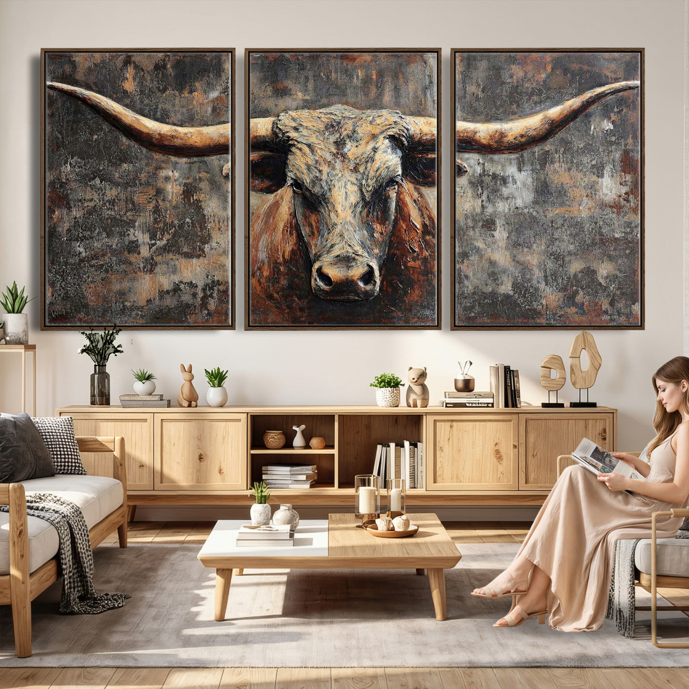 34202127RS-MGV-CV-60X30-3P - Texas Longhorn Skull Canvas Wall Art Rustic Western Decor Print