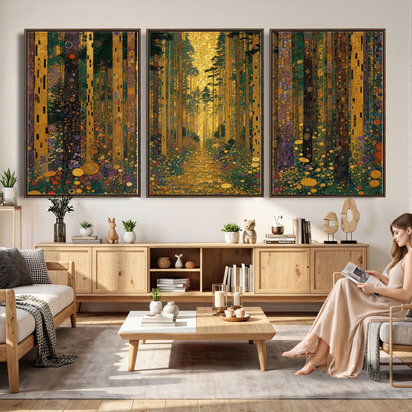 79483321G-MGV-CV-48X32-3P - Gustav Klimt Style Forest Canvas Wall Art, Golden Forest Path Floral Art Nouveau Print, Enchanted Woodland Decor