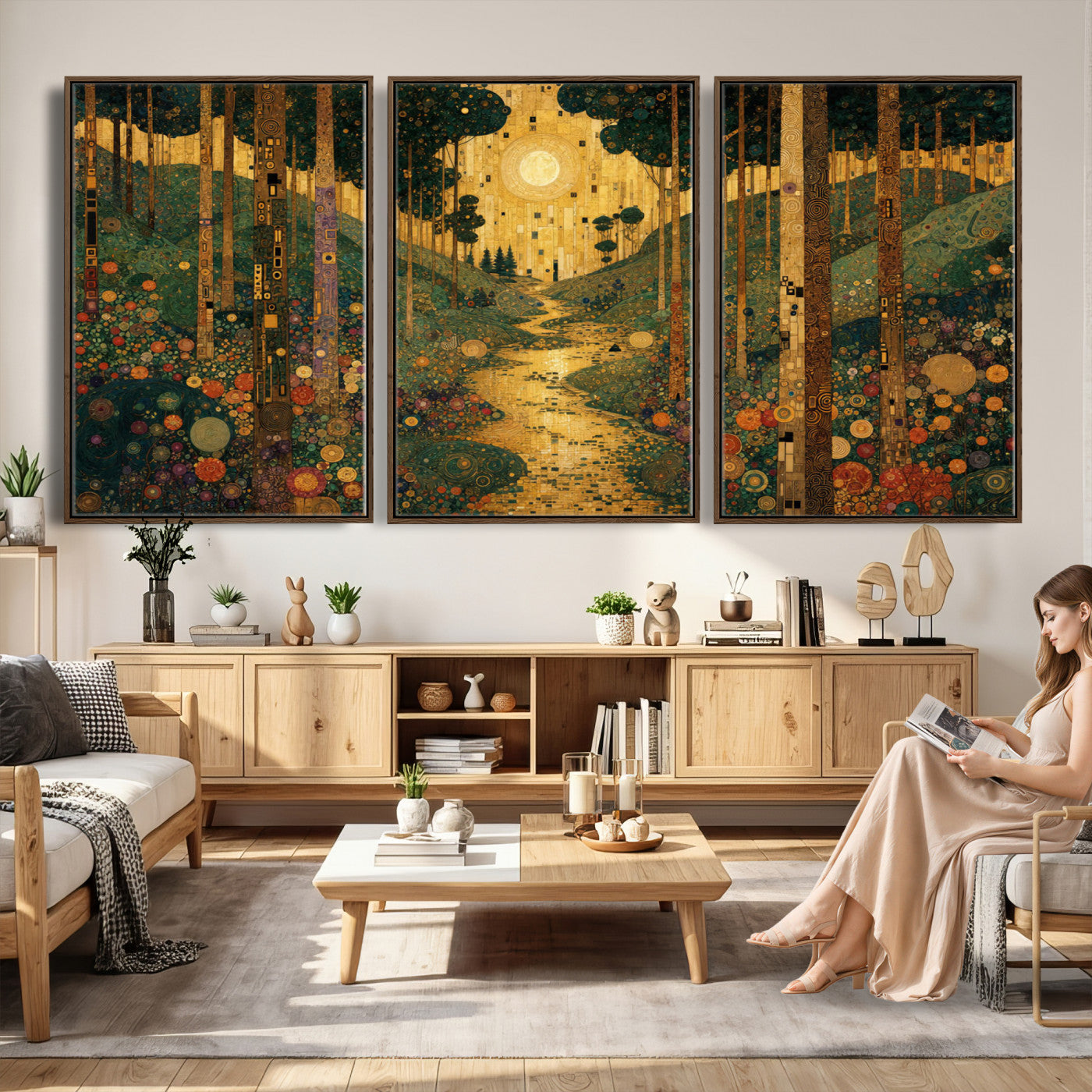79483321GS-MGV-CV-48X32-3P - Gustav Klimt Style Forest Canvas Wall Art, Golden Forest Path Floral Art Nouveau Print, Enchanted Woodland Decor