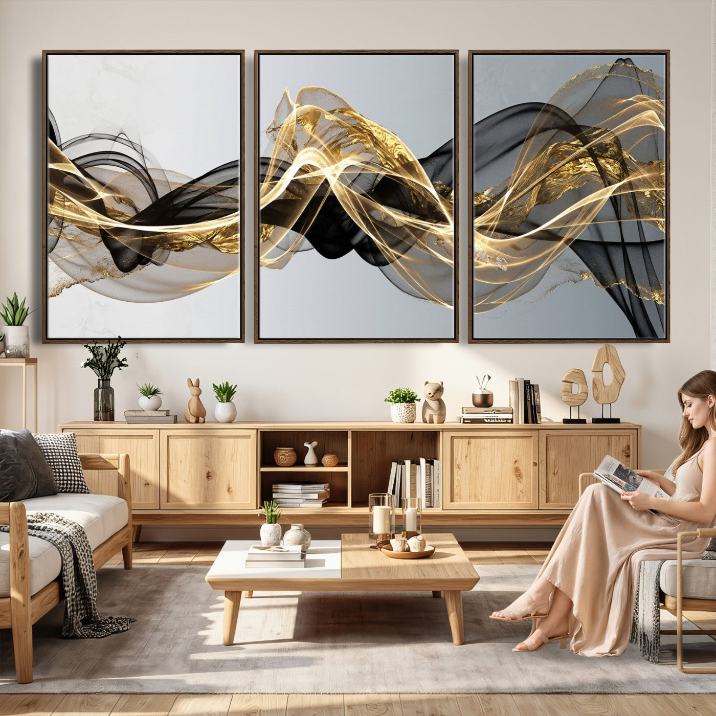 79483321DL-MGV-CV-36X24 - Black and Gold Abstract Wall Art, Modern Wave Canvas Print, Elegant Flowing Smoke Art, Luxury Living Room Decor