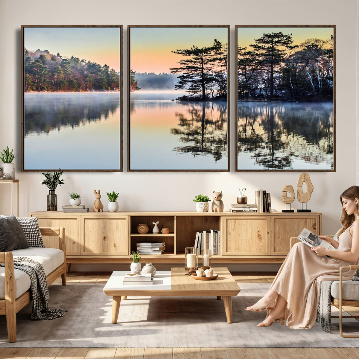 34236027-MGV-CV-36X24 - Before People Wake Canvas Wall Art Print, Misty Lake Sunrise Landscape, Forest Reflection Nature Decor, Ready to Hang