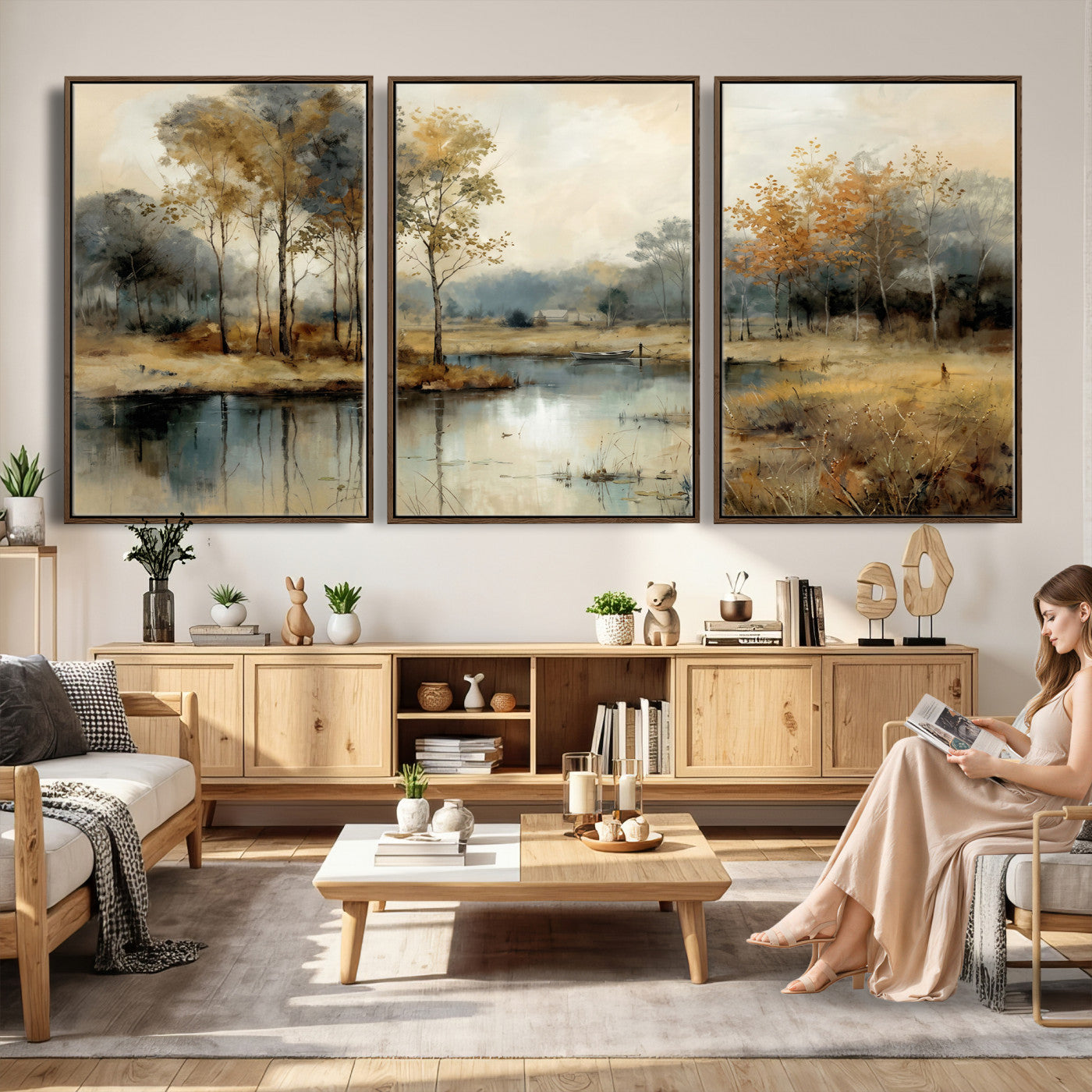 74391095-MGV-CV-36X24 - Abstract WatercolorAutumn Lake Canvas Wall Art Print, Misty Forest Landscape, Rustic Nature Painting, Cabin Wall Decor, Ready to Hang