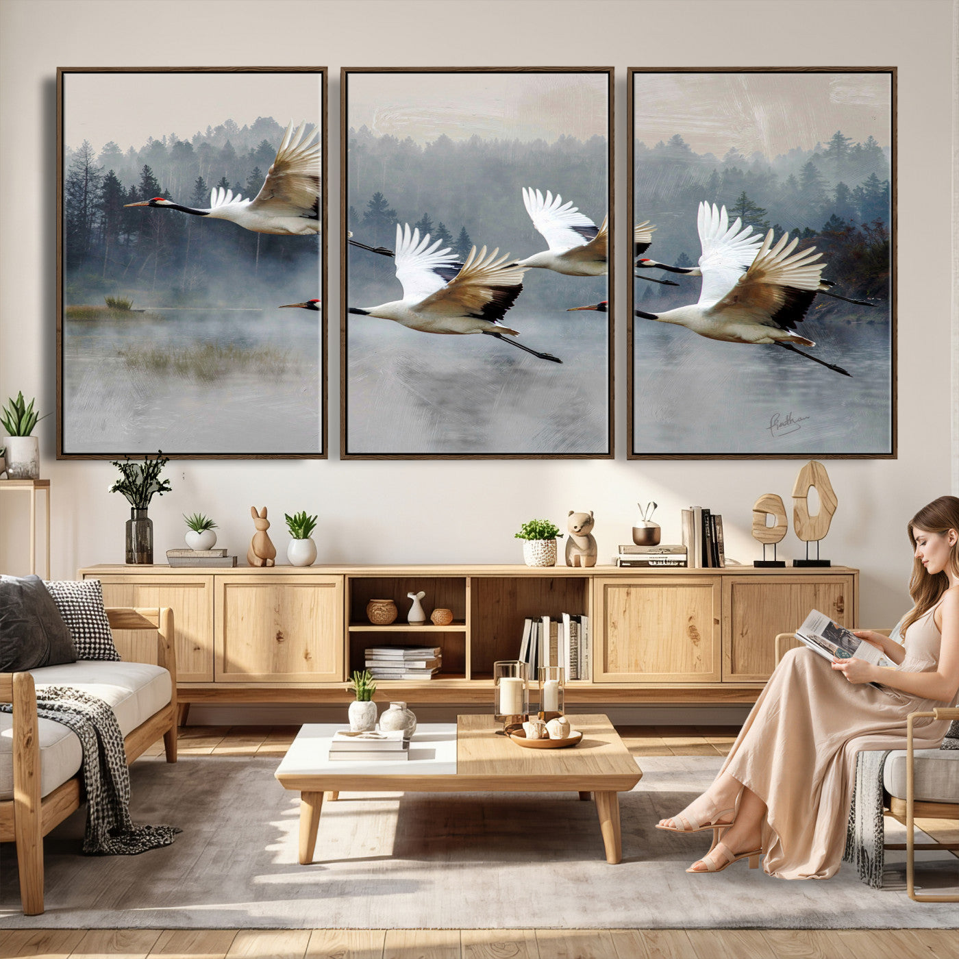 24356826-MGV-CV-36X24 - Flying Crane Canvas Wall Art Print, White Crane Bird Artwork, Wildlife Nature Decor, Lake Landscape Canvas - Ready to Hang