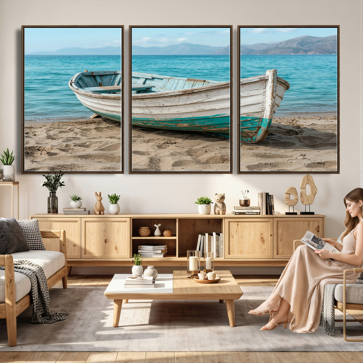 49963709-MGV-CV-36X24 - Coastal Boat Canvas Wall Art Print, Beach Boat Painting, Nautical Ocean Decor, Seascape Wall Art - Ready to Hang