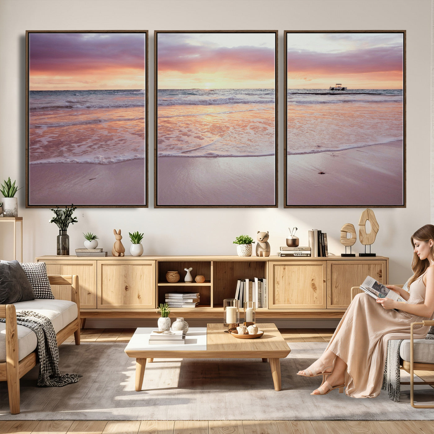 44765395-MGV-CV-36X24 - Beach Sunset Canvas Wall Art Print, Ocean Waves Landscape, Coastal Photography, Seascape Wall Decor, Ready to Hang