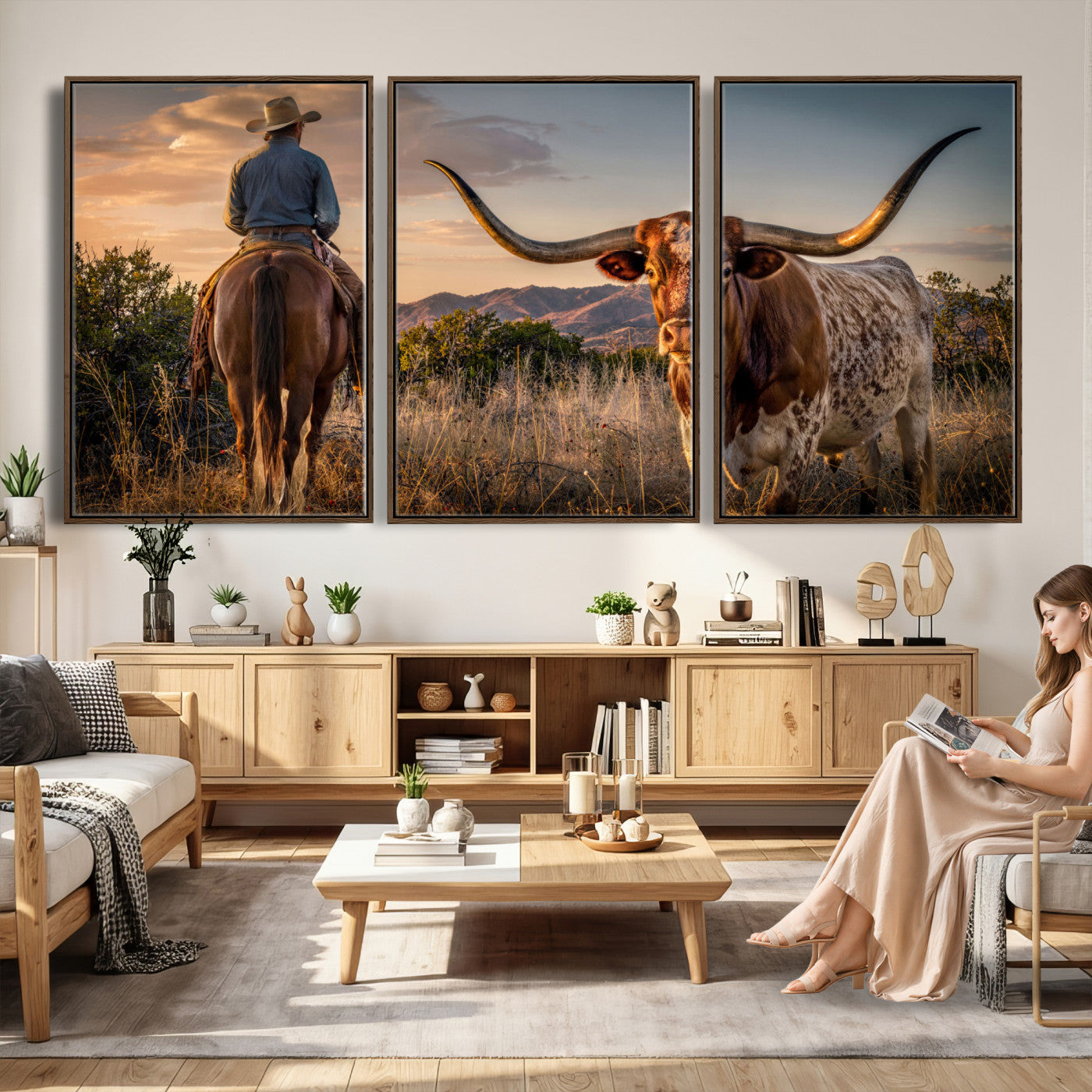 62076449-MGV-CV-60X30-3P - Texas Cow Bull Longhorn Cowboy Western Wall Art Decor for Farmhouse