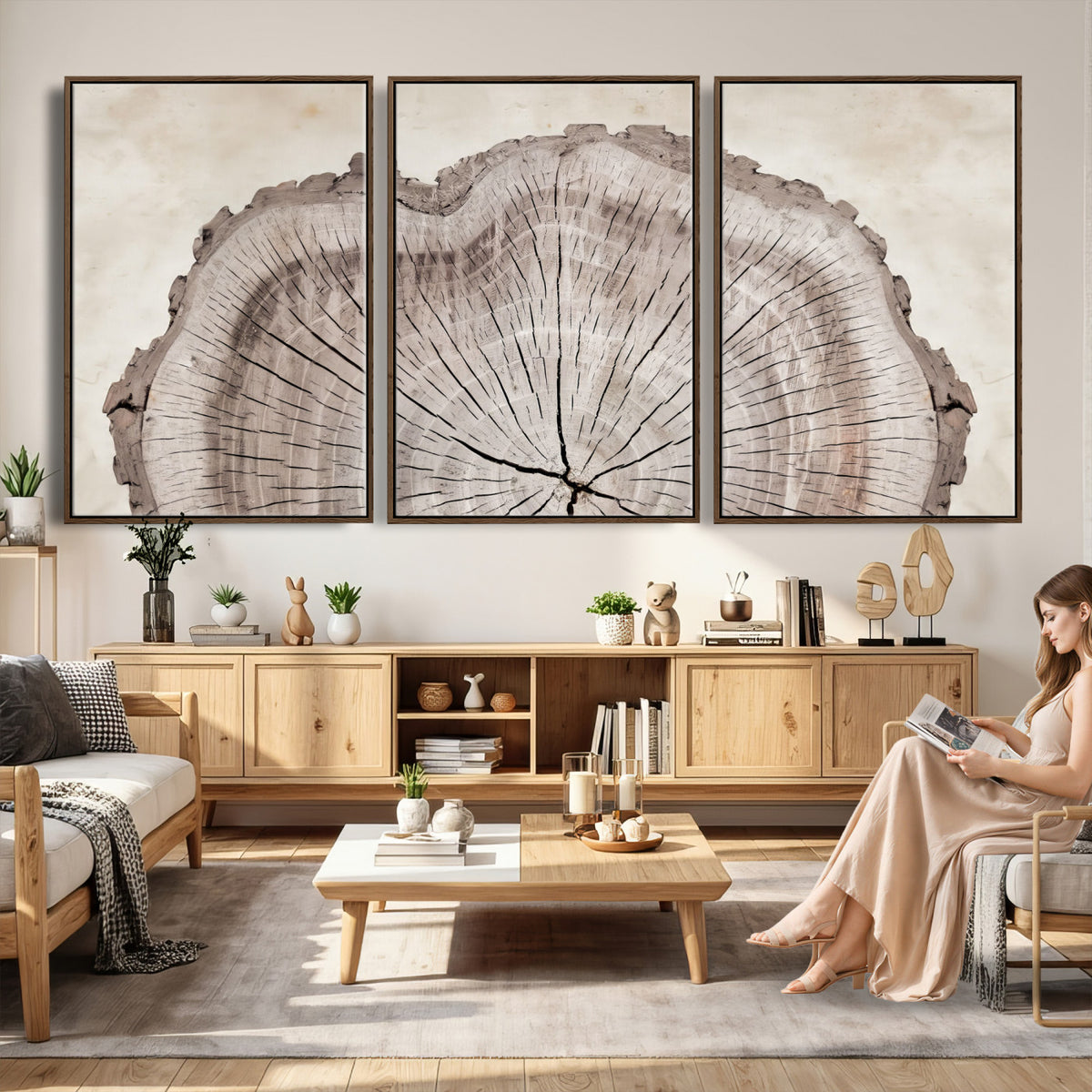 87833480-MGV-CV-60X30-3P - Tree Ring Canvas Wall Art in Neutral Earth Tones, Framed Wood Slice Print for Rustic and Japandi Interiors