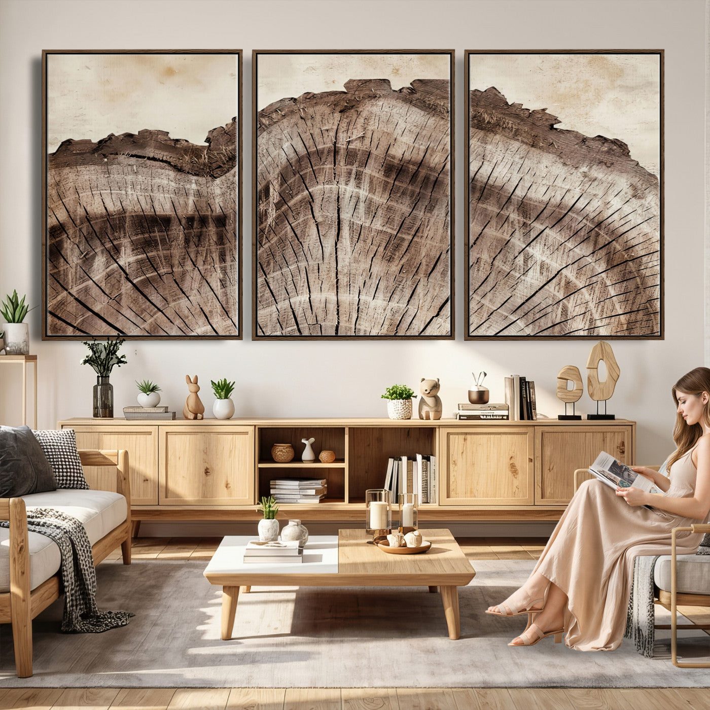 91280382-MGV-CV-60X30-3P - Tree Ring Canvas Wall Art in Neutral Earth Tones, Framed Wood Slice Print for Rustic and Japandi Interiors