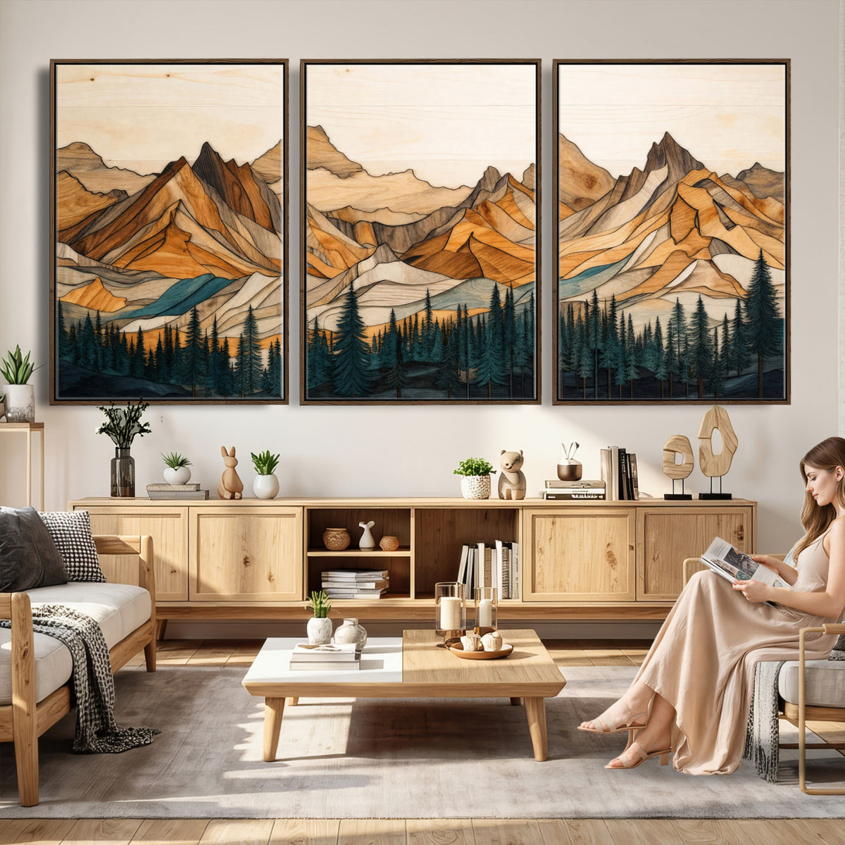 57384313-MGV-CV-60X30-3P - Mountain Landscape Canvas Wall Art with Wood Grain Effect, Golden Peaks and Teal Pine Forest, Framed Cabin Decor