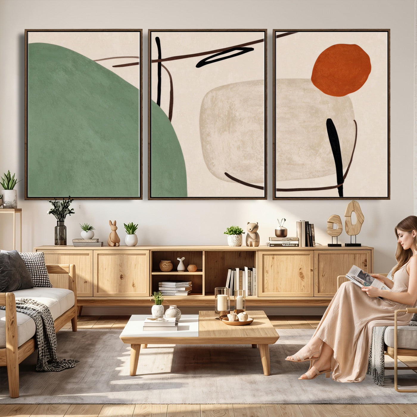 46798824-MGV-CV-48X32-3P - Mid Century Modern Geometric Canvas Wall Art, Abstract Triptych Print