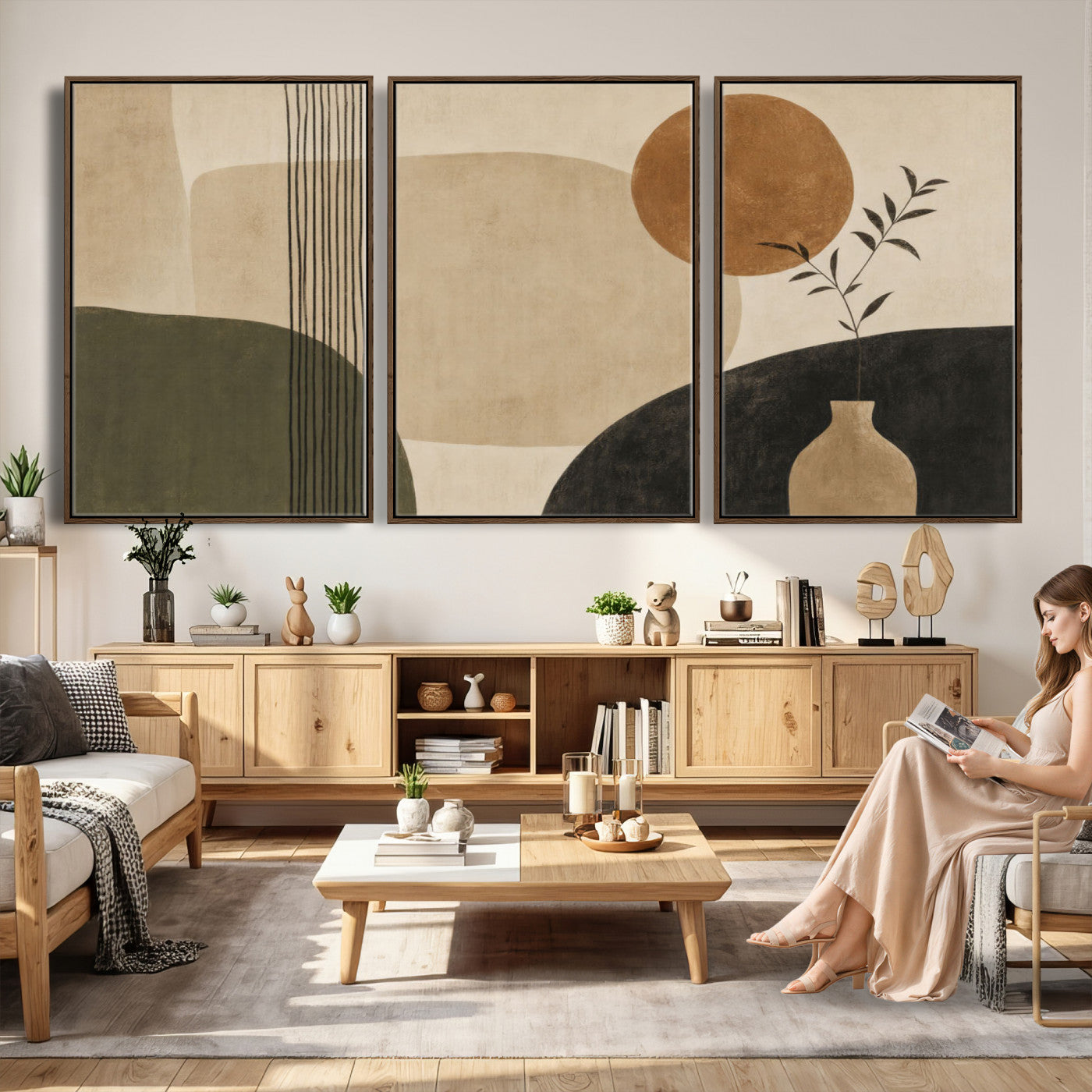 85289499-MGV-CV-60X30-3P - Boho Abstract Sun Canvas Wall Art, Minimalist Sage Green Botanical Print