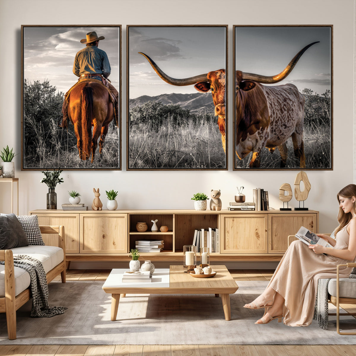 17066920-MGV-CV-60X30-3P - Extra Large Cowboy and Longhorn Wall Art Canvas Print