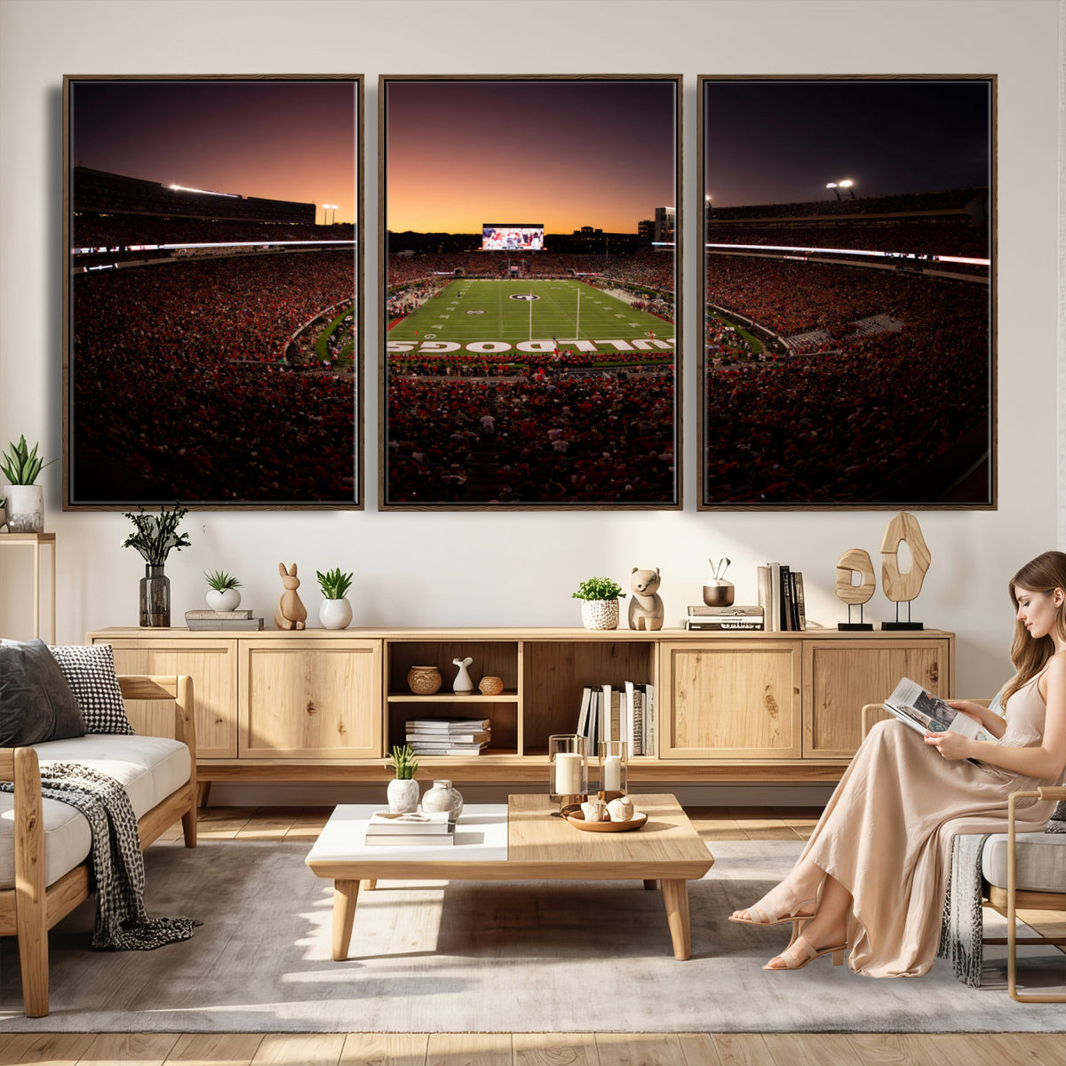 97720998-_Poster-30x20 - Georgia Bulldogs Stadium Sunset Canvas Print 3 Piece Framed Wall Art Extra Large Floating Frame Sports Poster Made in USA