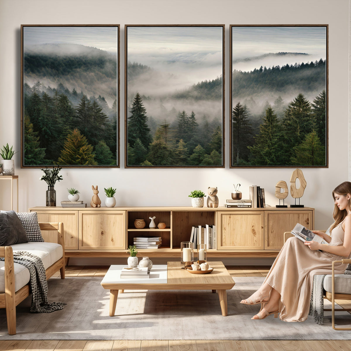 38409495-_Poster-30x20 - Misty Pine Valley Mountain Canvas Print 3 Piece Framed Wall Art Extra Large Floating Frame Nature Poster Made in USA
