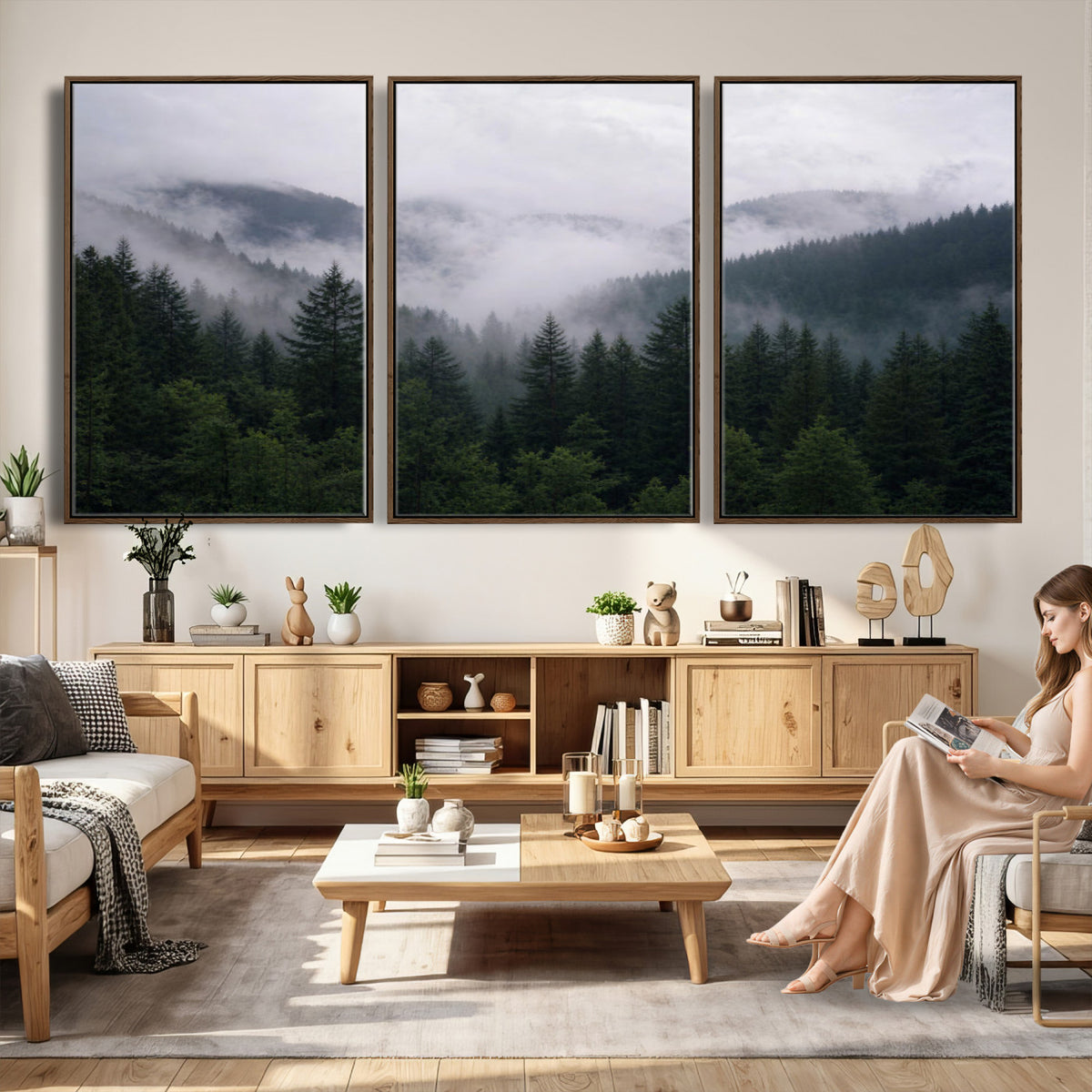 25432119-_Poster-30x20 - Misty Mountain Pine Forest Canvas Print 3 Piece Framed Wall Art Extra Large Floating Frame Nature Poster Made in USA