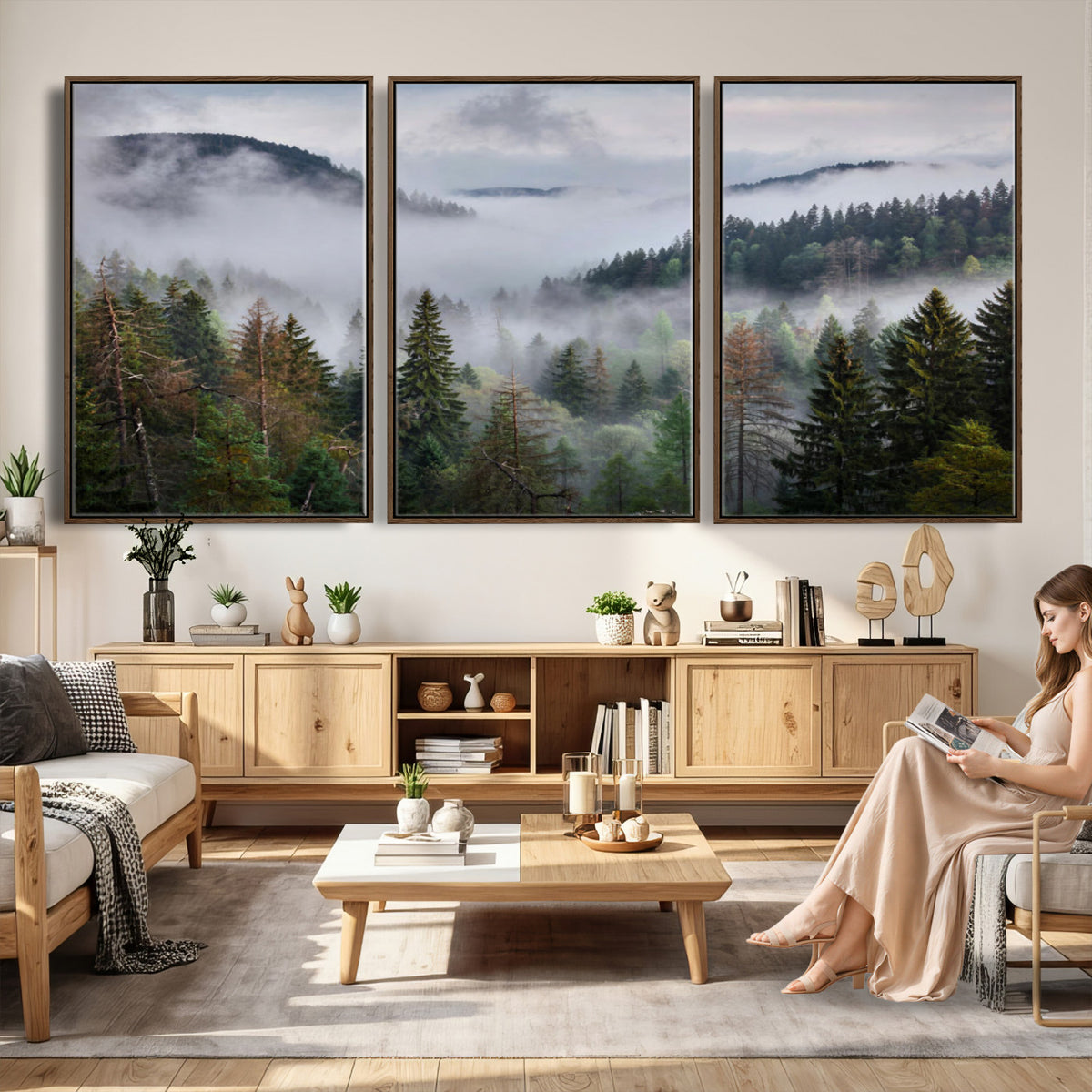 18735847-_Poster-30x20 - Foggy Pine Forest Mountain Canvas Print 3 Piece Framed Wall Art Extra Large Floating Frame Nature Poster Made in USA