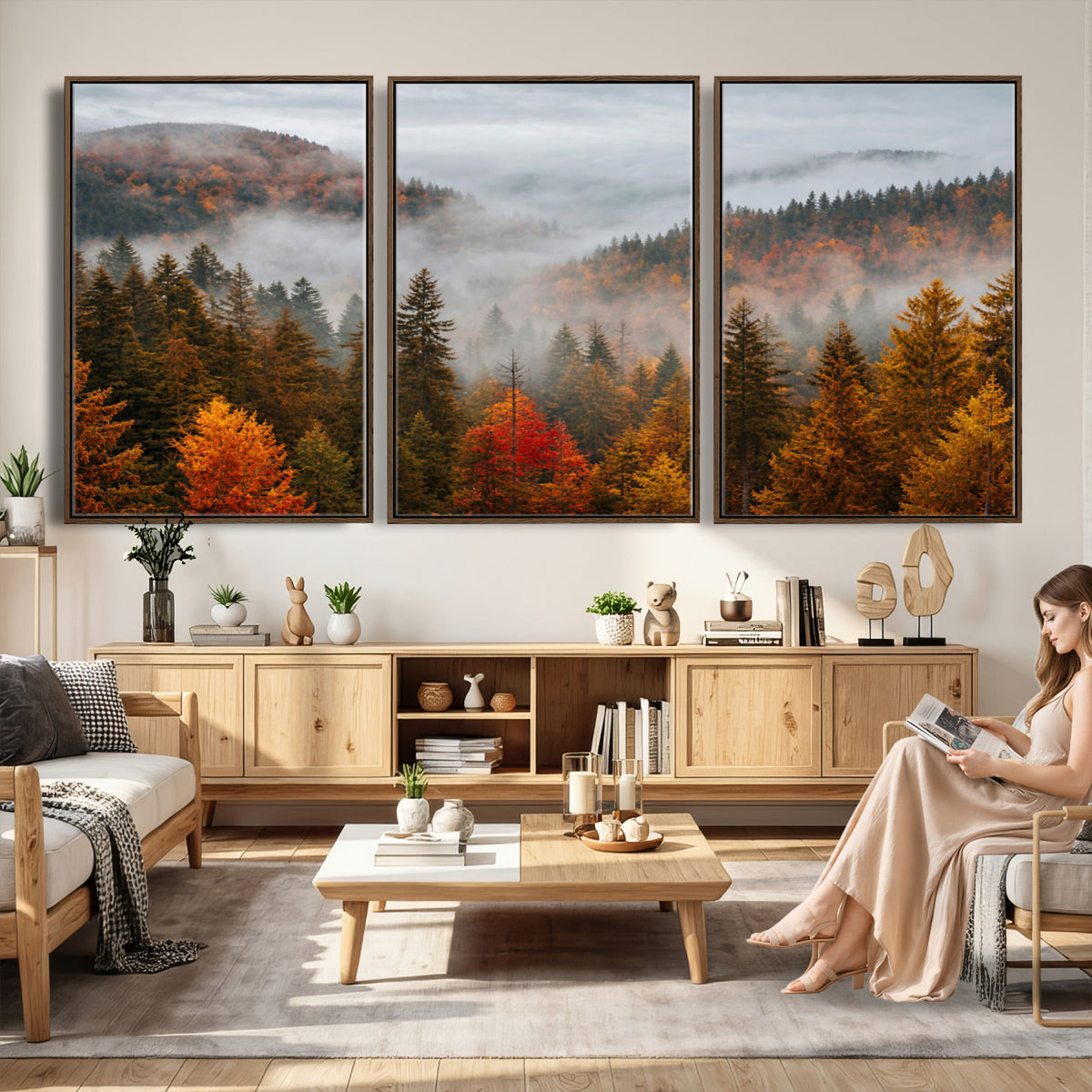 87481341-_Poster-30x20 - Foggy Autumn Mountain Canvas Print Smoky Pine Forest Wall Art Panoramic Nature Poster 3 Piece Made in USA